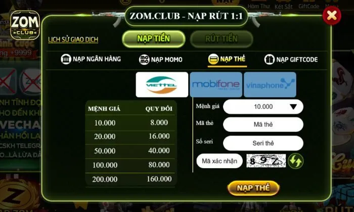 Nạp tiền Zomclub bằng thẻ cào dễ dàng, an toàn tuyệt đối